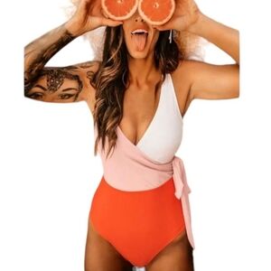 Cupshe colorblock wrap top tie knot one piece swimsuit peach white szL